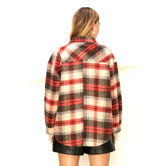 Hyfve Plaid Shacket Size Medium Red Black Cream - Picture 5 of 14